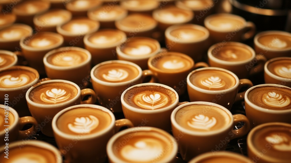 A row of coffee cups with a white swirl on the side A row of coffee cups with a white swirl on the side