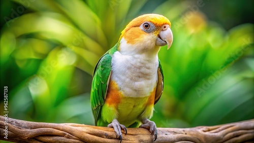 A serene white Caique parrot with vibrant green and yellow feathers perches on a wooden branch, gazing directly at the camera with curious eyes. photo