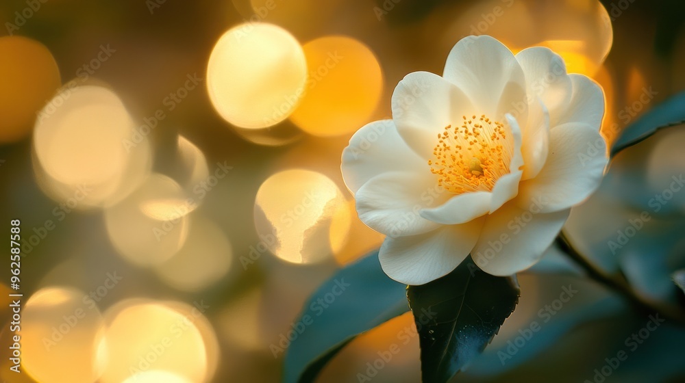 Delicate White Flower with Golden Bokeh Delicate White Flower with Golden Bokeh