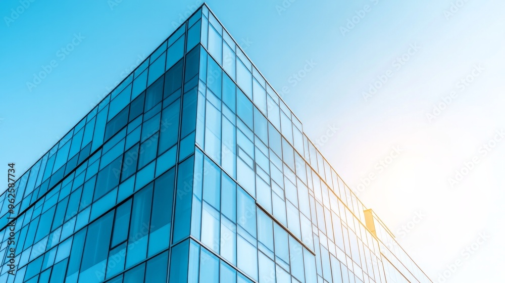 A tall building with many windows and a clear blue sky in the background A tall building with many windows and a clear blue sky in the background