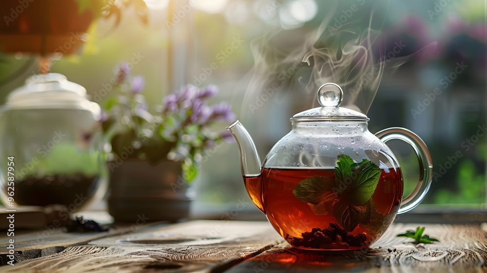 Freshly brewed herbal tea in a glass teapot Freshly brewed herbal tea in a glass teapot