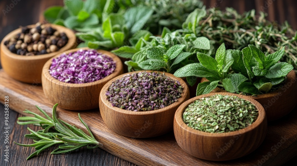 A wooden tray with several bowls of herbs and spices A wooden tray with several bowls of herbs and spices