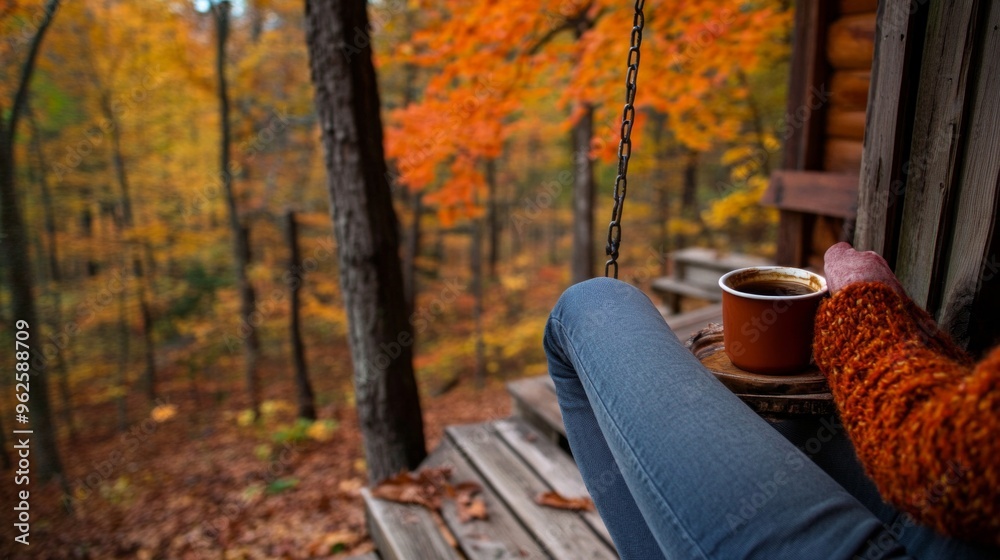 Fototapeta premium A person is sitting on a porch swing with a cup of coffee in their hand