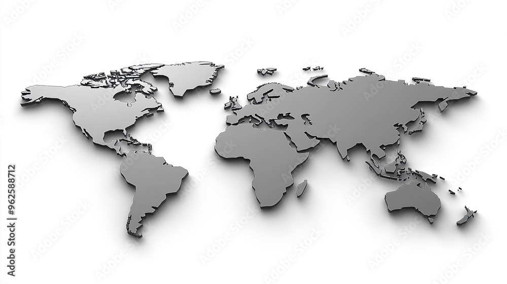 A three-dimensional grayscale world map highlighting continents and oceans A three-dimensional grayscale world map highlighting continents and oceans