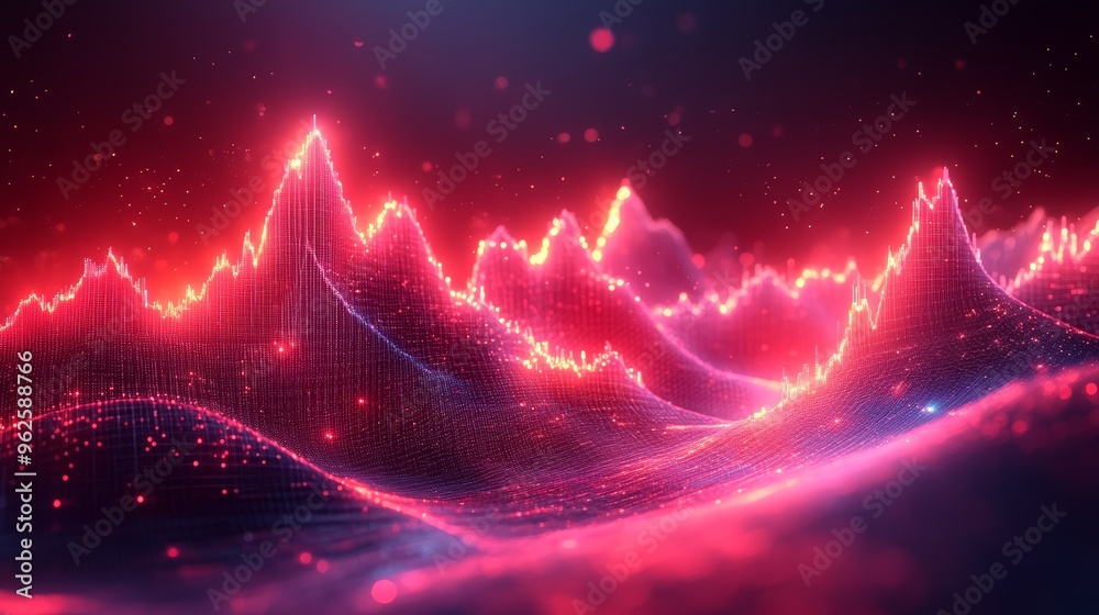 Abstract Red and Blue Digital Landscape with Glowing Particles Abstract Red and Blue Digital Landscape with Glowing Particles