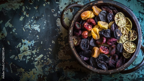 Bowl with dried fruits and citrus slices on weathered background with copyright.Advertising banner for business in grunge style