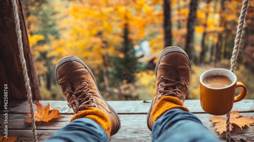 A person is sitting on a porch swing with a cup of coffee