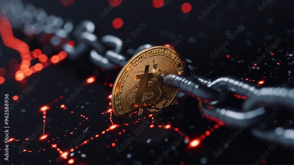 A Bitcoin coin caught within a heavy chain, surrounded by red glowing digital connections on a dark background, symbolizing the constraints and security of cryptocurrency within blockchain technology.