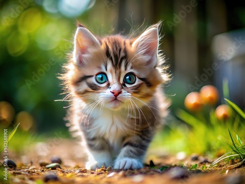 Adorable little ball of fluff with bright curious eyes and twitching whiskers explores surroundings, pouncing on invisible prey with playful instinctual abandon.