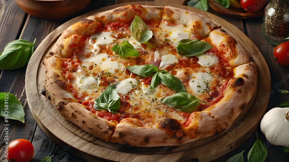 Traditional Italian pizza with basil and mozzarella Traditional Italian pizza with basil and mozzarella