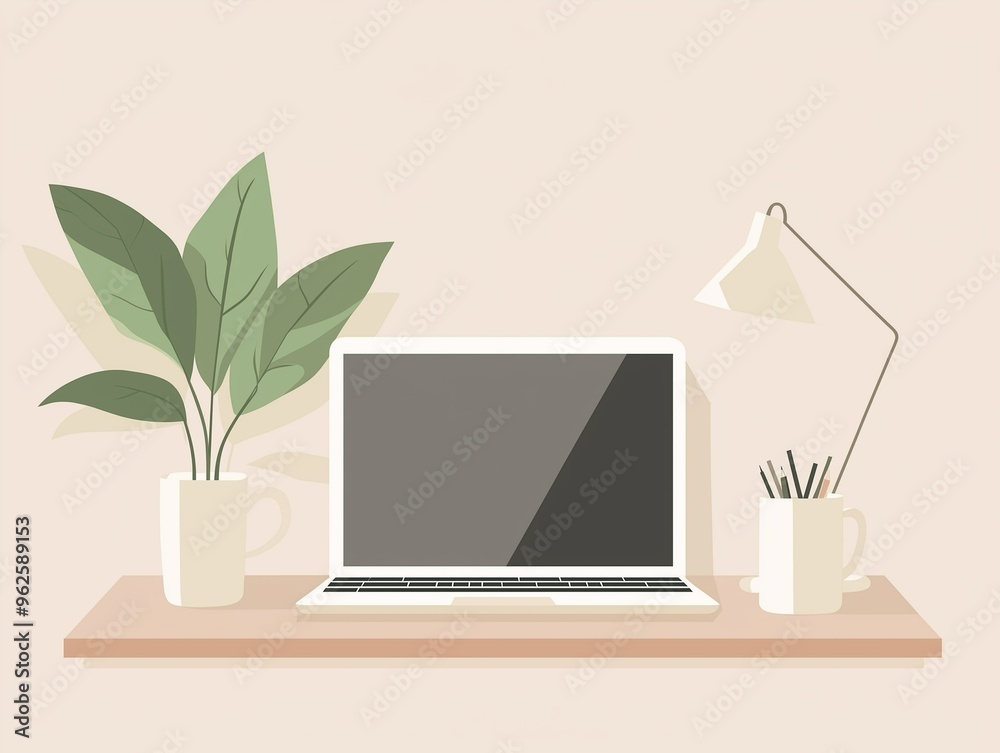 Fototapeta premium Minimalist Workspace with Laptop and Plant