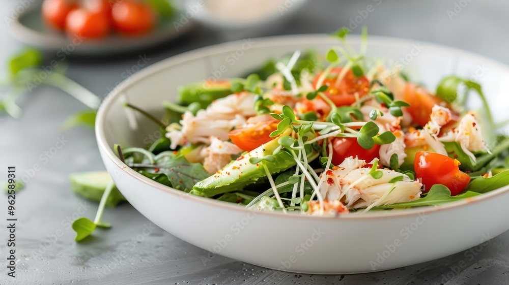 A delicate crab salad with shredded crab meat, greens, avocado, and vinaigrette. A delicate crab salad with shredded crab meat, greens, avocado, and vinaigrette.