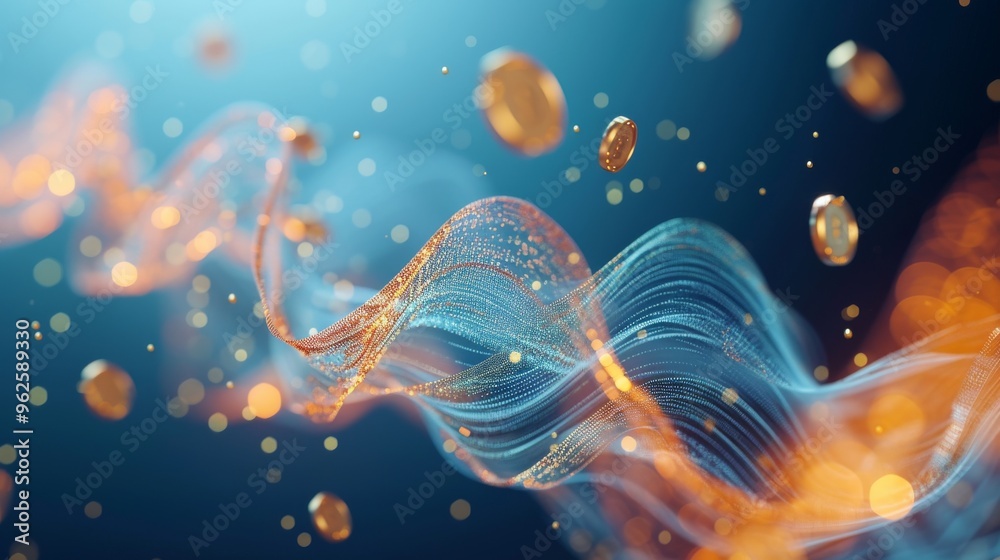 An energetic depiction of Bitcoins riding dynamic blue and orange waves, symbolizing the vibrant and ever-evolving landscape of digital currency. This image captures the movement and potential of An energetic depiction of Bitcoins riding dynamic blue and orange waves, symbolizing the vibrant and ever-evolving landscape of digital currency. This image captures the movement and potential of
