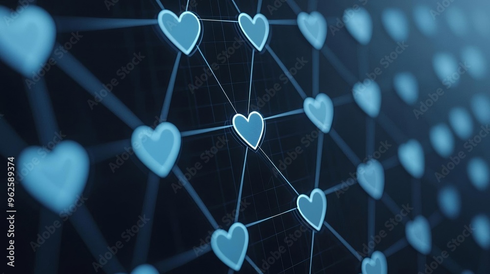 Glowing heart-shaped notifications in a 3D digital space, capturing the essence of social media influence and connection Glowing heart-shaped notifications in a 3D digital space, capturing the essence of social media influence and connection