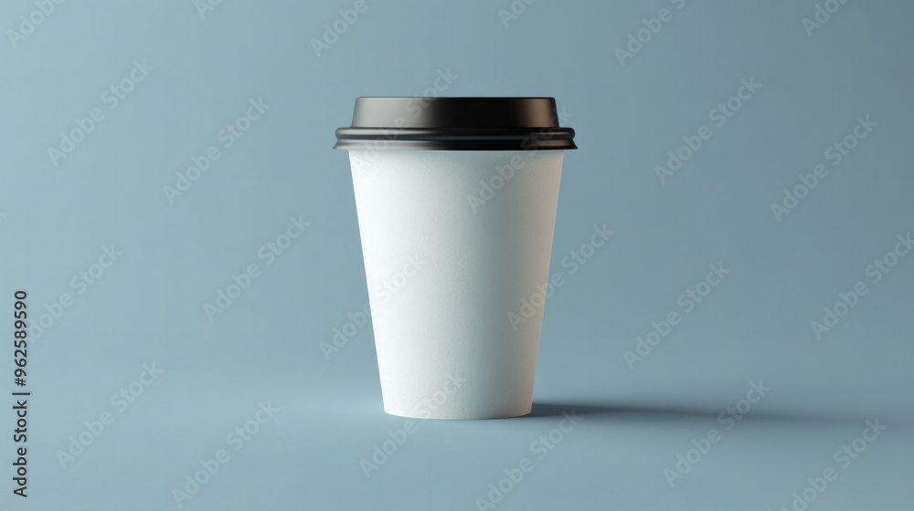 A white coffee cup with a black lid sits on a blue surface A white coffee cup with a black lid sits on a blue surface
