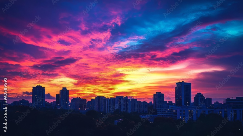 Naklejka premium City skyline at dawn with vibrant colors painting the sky Morning Monday, Urban Dawn