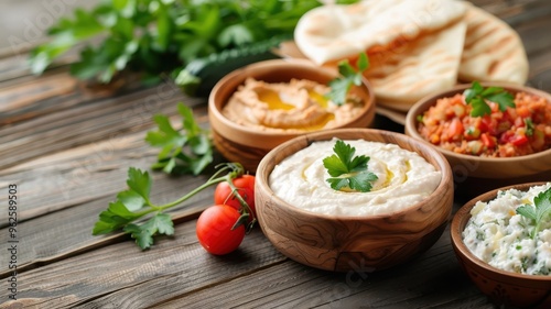 A rustic wooden table with a variety of colorful dips and spreads. photo