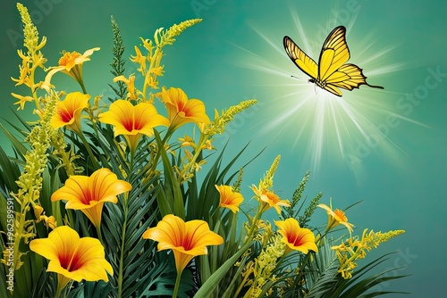 Vibrant Yellow and Chartreuse Wildflowers with a Shimmering Butterfly Among Tropical Flowers