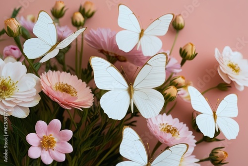 Delicate White Butterflies Gliding Through Pastel Flowers with Golden Accents