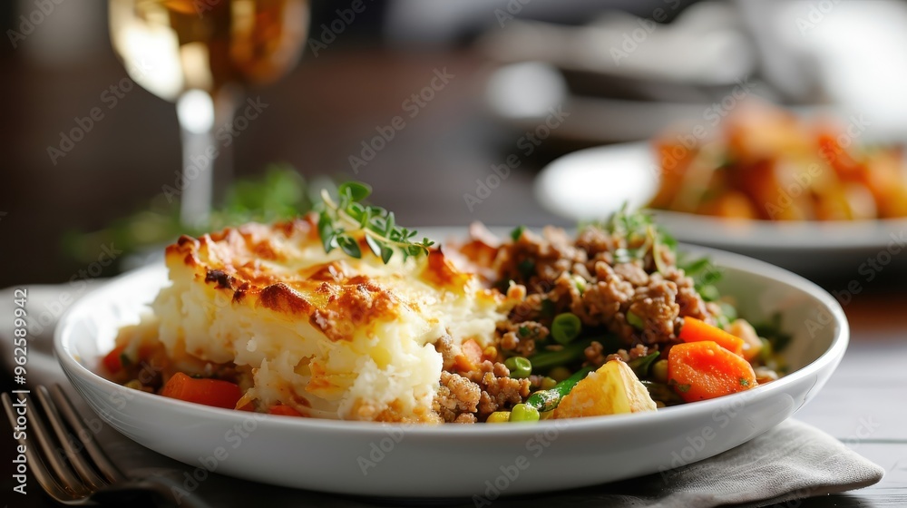 A shepherd's pie with golden brown mashed potato topping and savory lamb filling. A shepherd's pie with golden brown mashed potato topping and savory lamb filling.