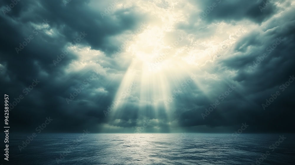 Sunbeams Break Through Stormy Clouds Over Ocean Sunbeams Break Through Stormy Clouds Over Ocean