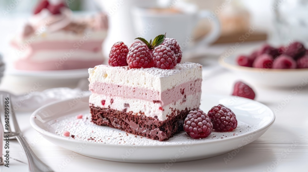 A delicate ruby chocolate mousse cake with raspberry coulis and sponge cake. A delicate ruby chocolate mousse cake with raspberry coulis and sponge cake.