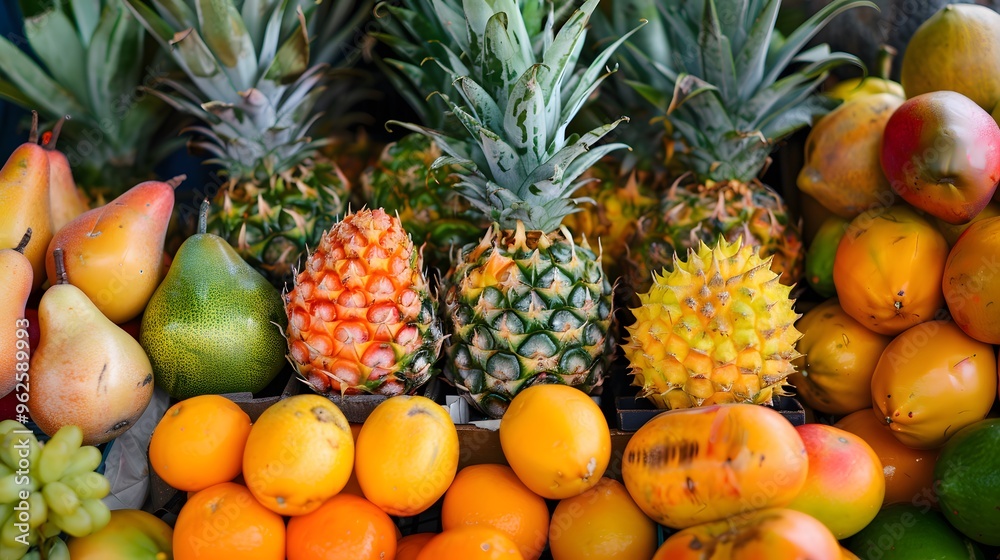 Assorted tropical fruits in a market display Assorted tropical fruits in a market display