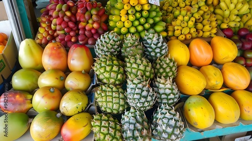 Assorted tropical fruits in a market display photo