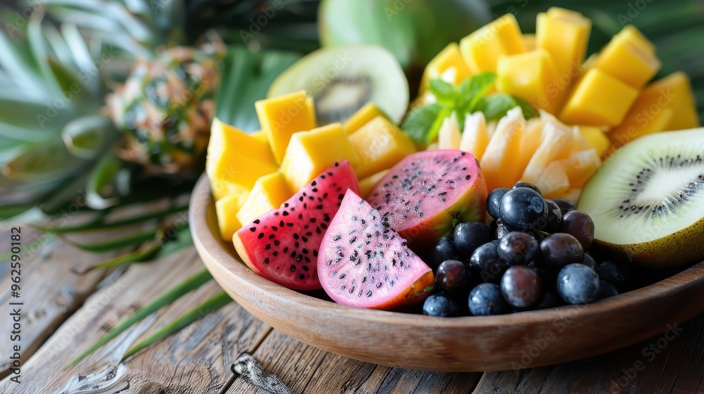 A colorful fruit platter with guava halves, mango slices, pineapple chunks, and dragon fruit. A colorful fruit platter with guava halves, mango slices, pineapple chunks, and dragon fruit.