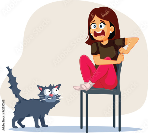 Funny Woman Scared of a Cat Overreacting Vector Illustration. Fearful woman suffering from an irrational phobia of animals 
