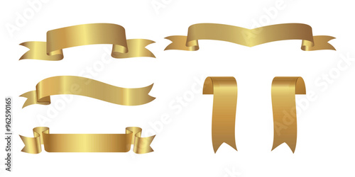 Golden award ribbon, luxury labels and badges premium quality certificate ribbons. Vector of various shapes. Collection of Different Empty Gold Ribbon and Label Design for text 