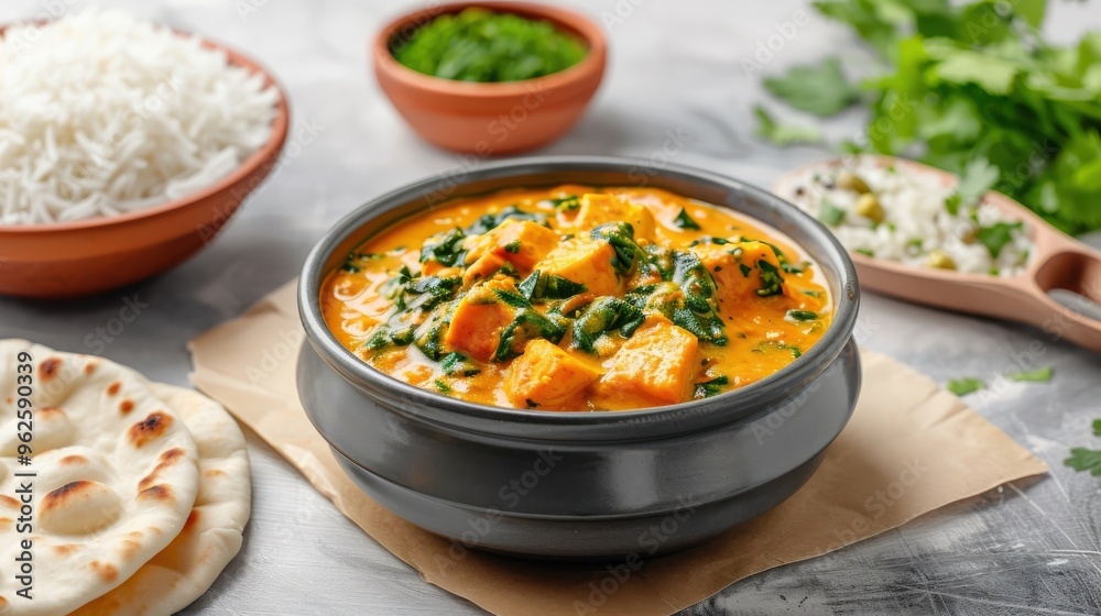 A colorful Indian saag paneer with creamy spinach and paneer cheese curry. A colorful Indian saag paneer with creamy spinach and paneer cheese curry.