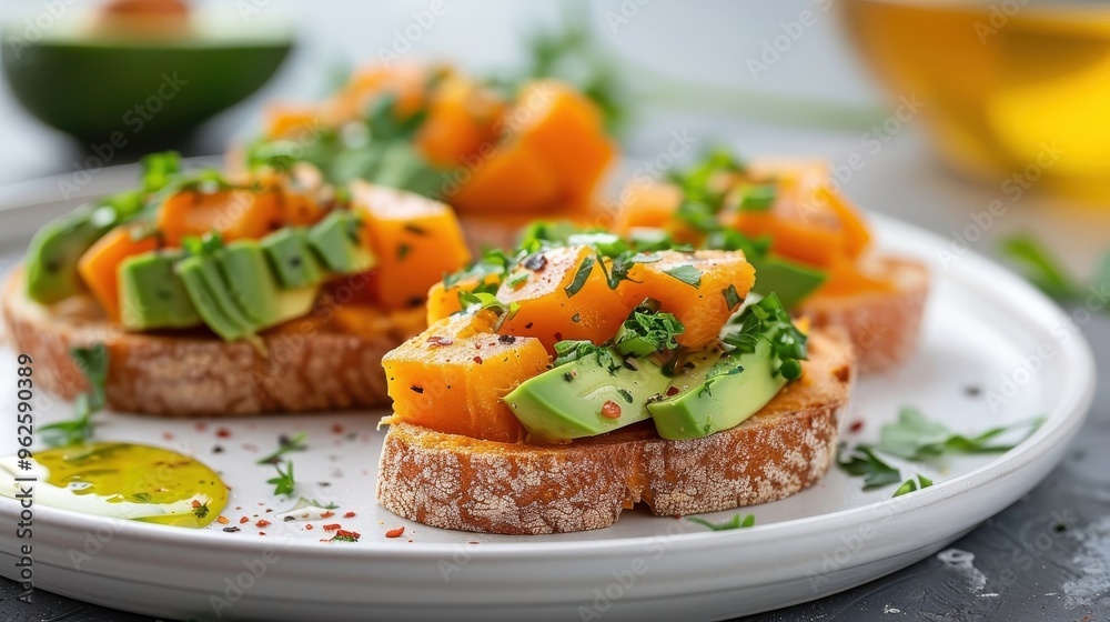 A close-up of sweet potato toast with avocado, olive oil, and red pepper flakes.