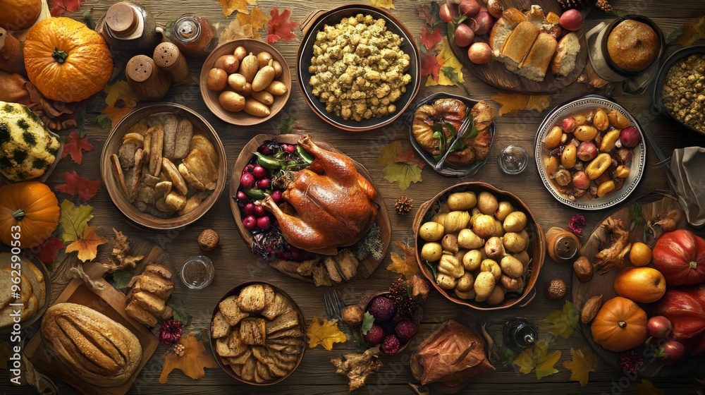 Thanksgiving Feast Table Setting with Roasted Turkey, Potatoes, and Bread Thanksgiving Feast Table Setting with Roasted Turkey, Potatoes, and Bread