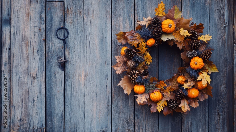 Autumnal Wreath with Pumpkins and Pinecones on Weathered Wood Autumnal Wreath with Pumpkins and Pinecones on Weathered Wood
