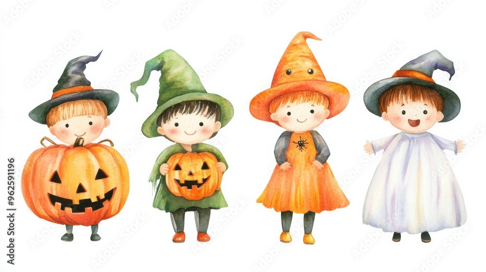 Four children dressed in Halloween costumes, one of which is holding a pumpkin
