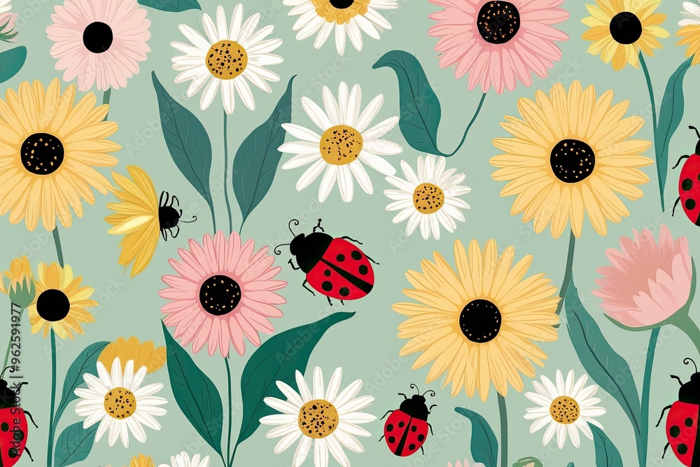 Playful Daisy and Ladybug Illustration in Pastel Colors for Floral Design Playful Daisy and Ladybug Illustration in Pastel Colors for Floral Design