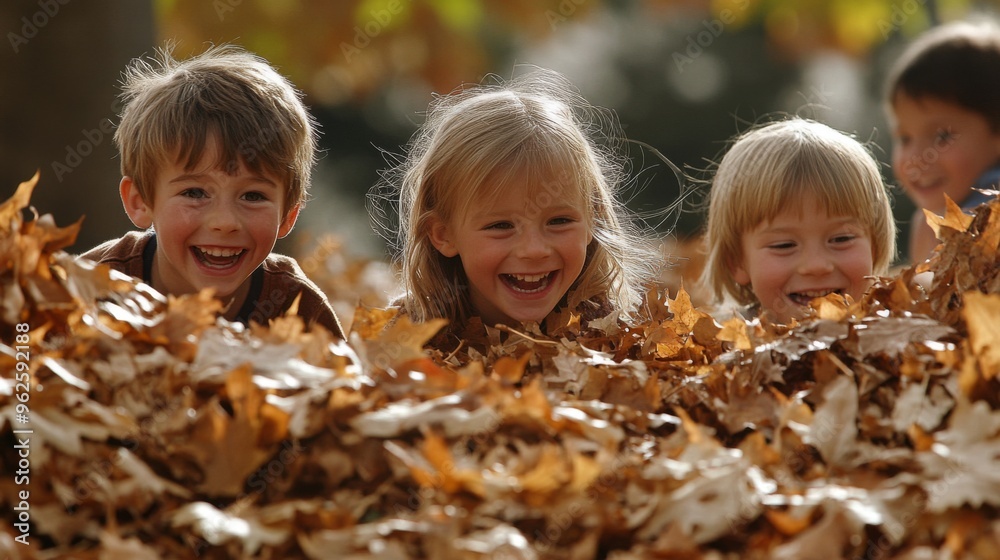 Three Children Hiding and Laughing in Autumn Leaves Three Children Hiding and Laughing in Autumn Leaves