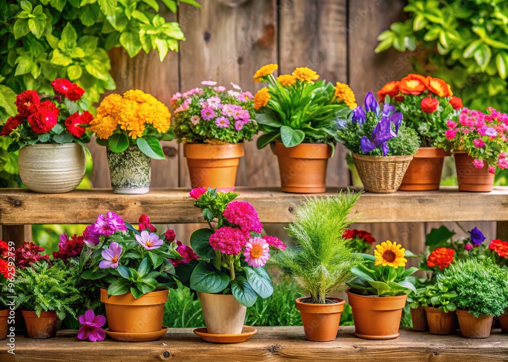 Vibrant assortment of potted plants with lush greenery and colorful blooms arranged artfully on a rustic wooden shelf against a soft, blurred neutral background. Vibrant assortment of potted plants with lush greenery and colorful blooms arranged artfully on a rustic wooden shelf against a soft, blurred neutral background.