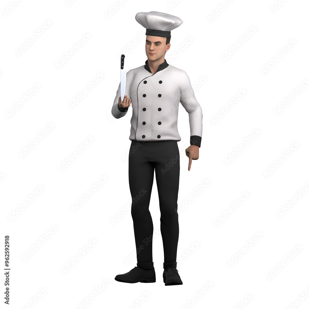 3D Professional Male in Chef Role. A male chef stands with his right hand holding a knife while his left hand points down. Cartoon 3D Professional Male in Chef Role. A male chef stands with his right hand holding a knife while his left hand points down. Cartoon