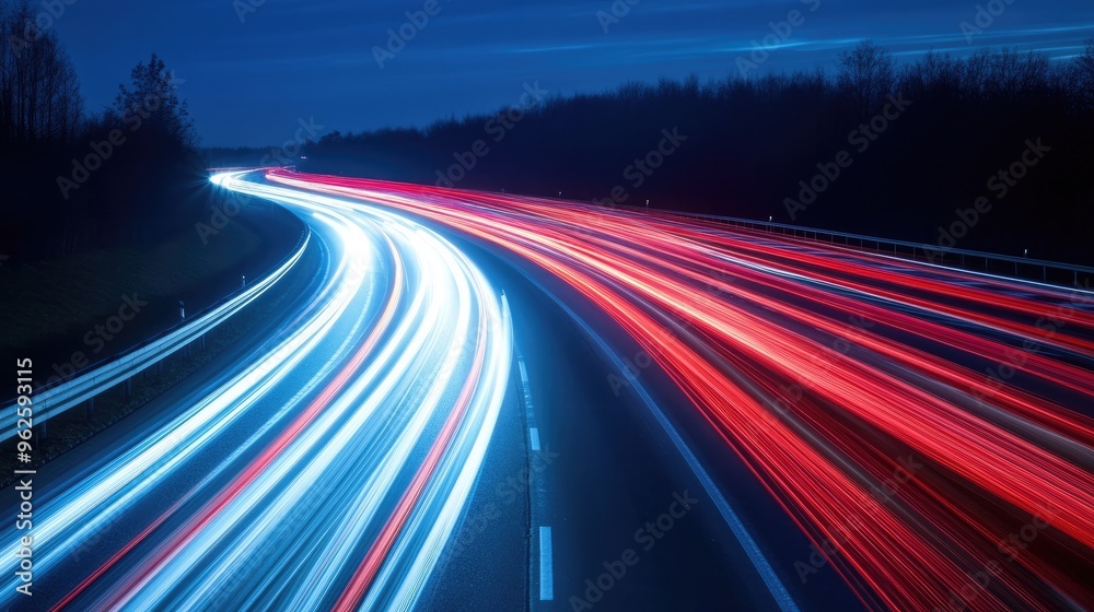 A light trail captured from moving cars on a highway at night, with streaks of red and white creating a dynamic visual effect