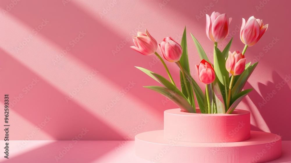 Fototapeta premium Display product on pink podium with tulips in bright light