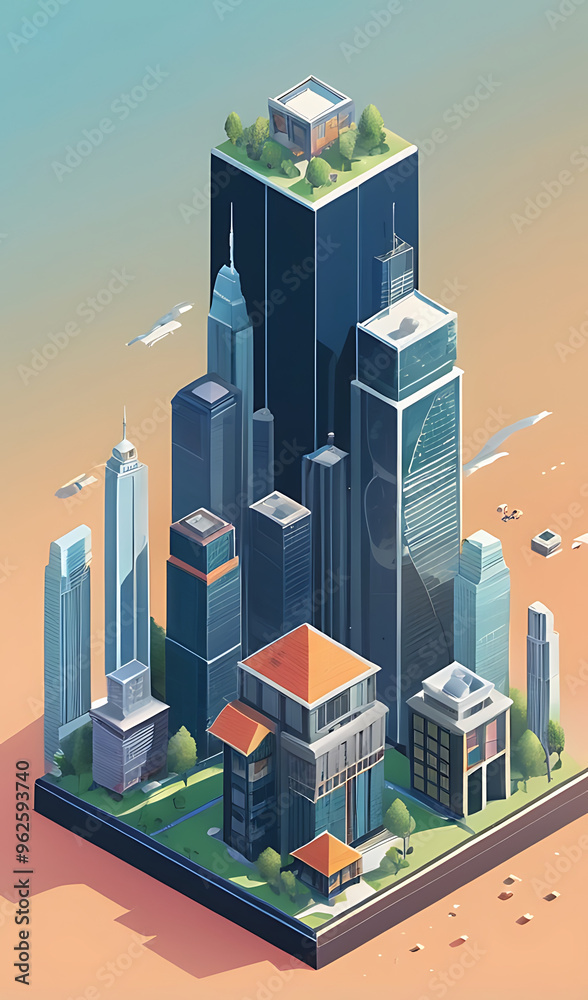 An isometric illustration of a futuristic city with skyscrapers, and a small house on top of a coin stack. The concept highlights the contrast between urban growth and suburban housing affordability An isometric illustration of a futuristic city with skyscrapers, and a small house on top of a coin stack. The concept highlights the contrast between urban growth and suburban housing affordability