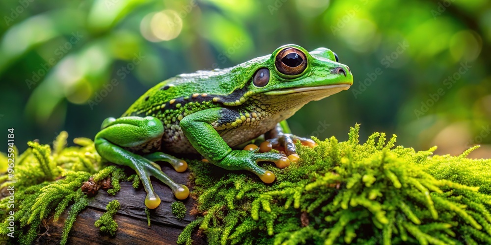 A vibrant green mossy frog with intricate patterns on its skin perches on a moss-covered log, surrounded by lush greenery in a serene jungle environment. A vibrant green mossy frog with intricate patterns on its skin perches on a moss-covered log, surrounded by lush greenery in a serene jungle environment.