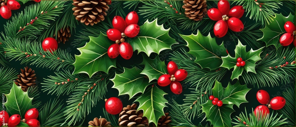 Christmas Holly and Pine Branches