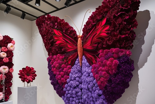 Vibrant Floral Arrangement Featuring a Bright Butterfly in Red and Purple