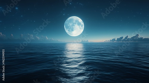 Full moon shining over a calm ocean at night, with stars scattered across the dark blue sky.