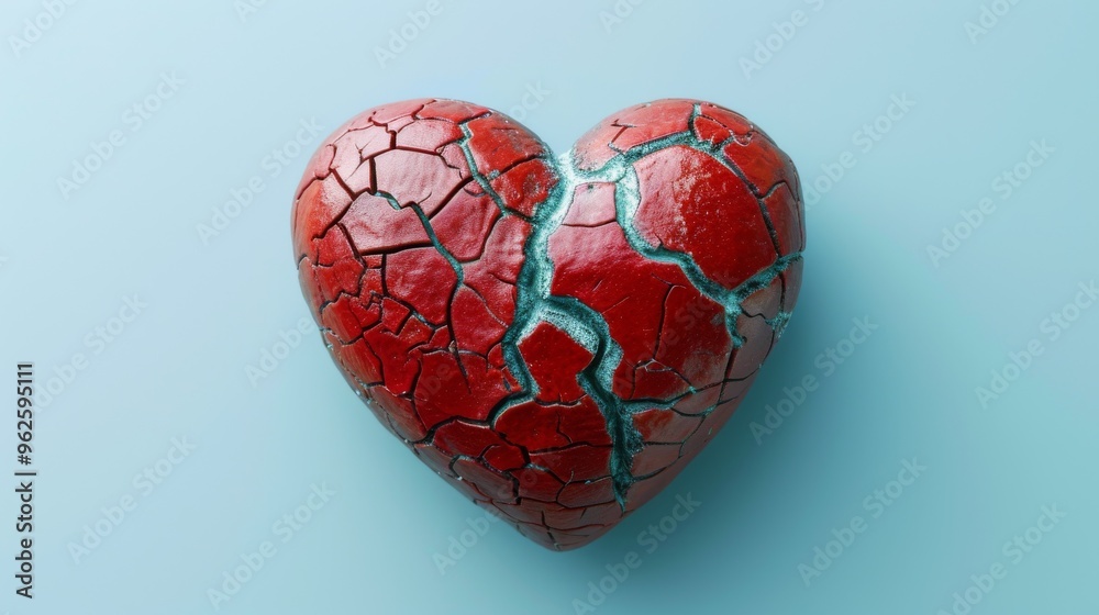 A red heart with noticeable cracks on a blue background, symbolizing emotional pain and distress. Ideal for themes related to heartbreak, loss, and emotional struggles. A red heart with noticeable cracks on a blue background, symbolizing emotional pain and distress. Ideal for themes related to heartbreak, loss, and emotional struggles.
