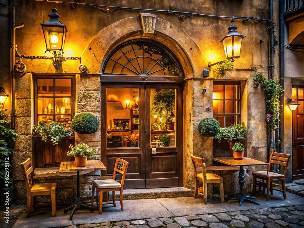 Fototapeta premium A warm and inviting Italian restaurant storefront at dusk, with golden lighting, rustic wooden doors, and vintage signage, exudes classic European charm and sophistication.
