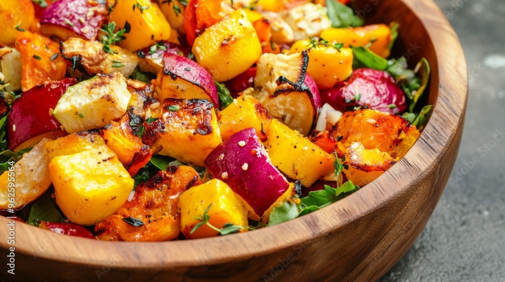 Roasted Vegetables with Herbs in a Wooden Bowl Roasted Vegetables with Herbs in a Wooden Bowl